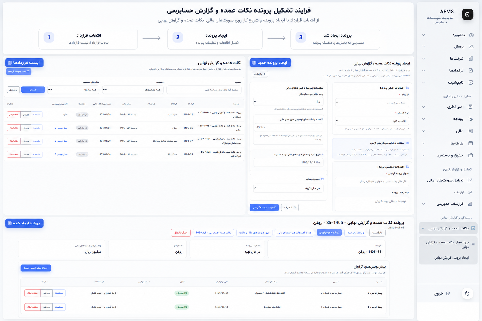 فرایند تشکیل پرونده نکات عمده و گزارش حسابرسی در سامانه AFMS