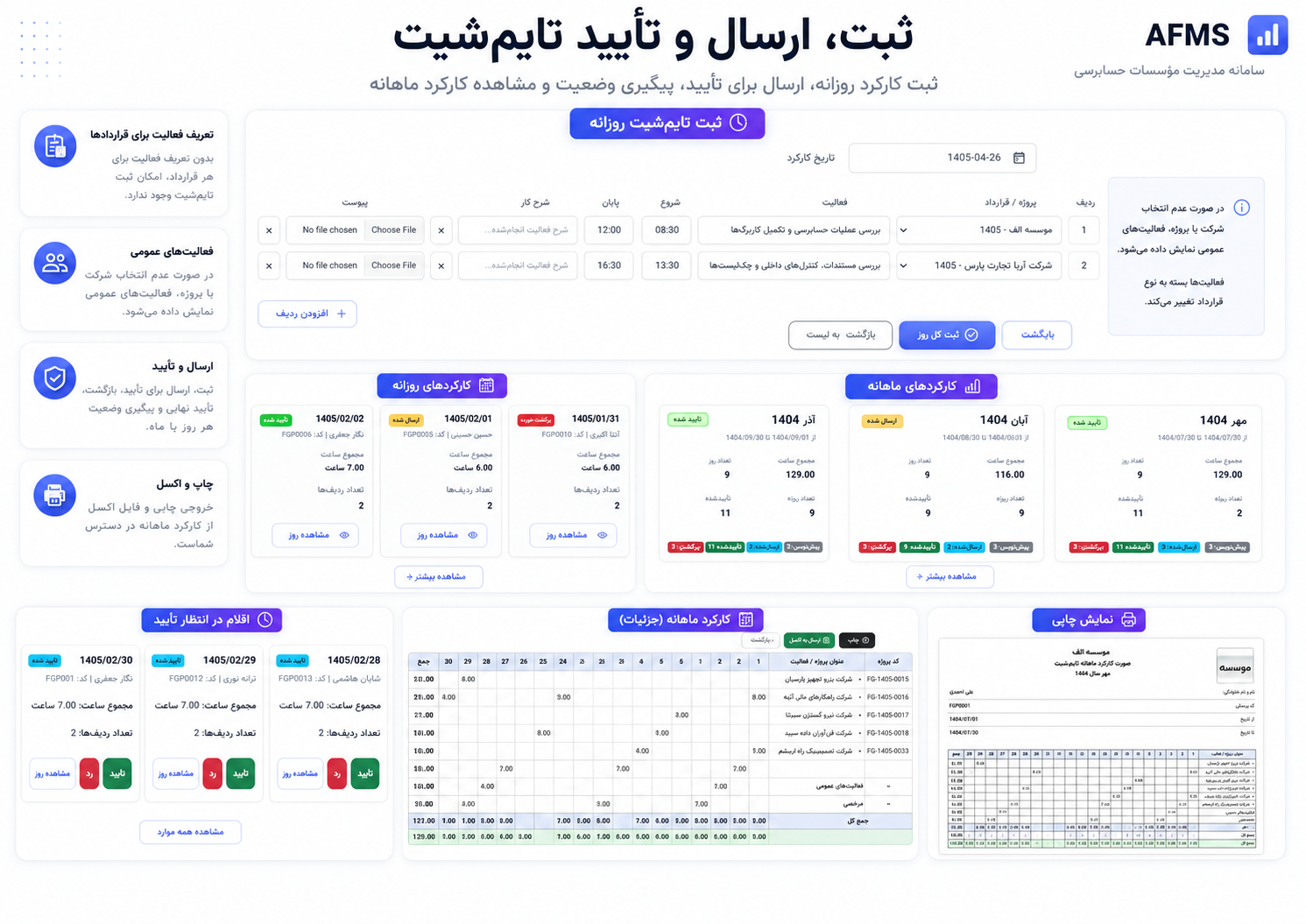 ثبت تایم‌شیت روزانه، کارکرد ماهانه و فرایند تأیید در سامانه AFMS